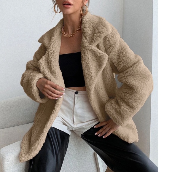 Luxe Solid Teddy Button Pockets Loose Fit Jacket Coat - Picture 5 of 12